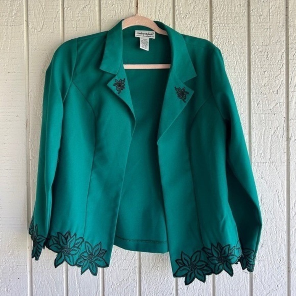 Green Open Front Blazer Floral Embroidered  Holiday Business Office Classy - Picture 6 of 7